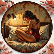 2D Flat "Sexy Woman Bedroom Retro Art" Aluminum Wall Art - Round Rustic Plaque, Vintage Decor for Be