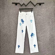 กางเกงยีนส์สไตล์สตรีทอเมริกันสุดเทรนด์ของ Chrome Hearts เย็บหนัง ขาตรง ยูนิเซ็กซ์