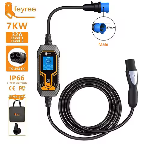 feyree Portable EV Charger Wallbox Tesla 7KW 32A 1Phase Level 2 with 5m Cable Current Adjustable for