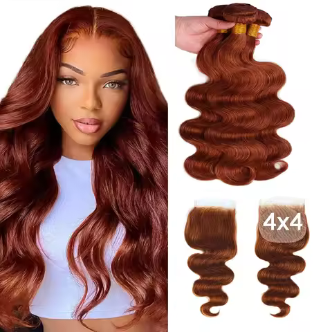#33 Rich Copper Red Body Wave Human Hair Bundles with Closure 12A Brazlian Remy 4x4 5x5 Swiss Lace C