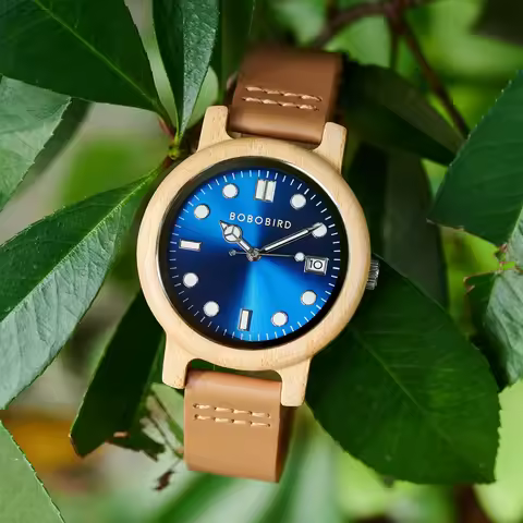 Women's Watch BOBO BIRD Fashion Bamboo Wristwatch Japanese Movement, PU Leather Strap Casual Watches