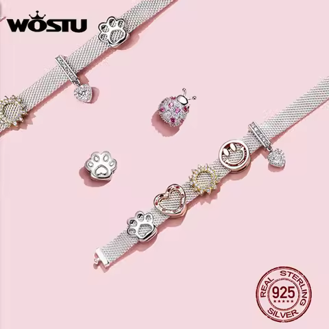 WOSTU 925 Sterling Silver Circle Charm Round CZ Bead Bead Clip Fit Original reflection Charm Bracele