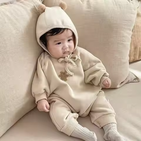 HY212018 Korean Style Baby Romper Suit Cartoon Bear Design Unisex Cute Bear Casual Crawler Sweatshir