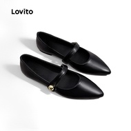 Lovito Vintage Plain Mary Jane Simple Black And White Comfortable Soft Leather Ballet Flats for Wome