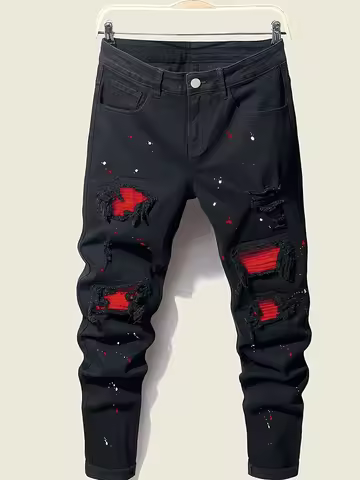 Men's splatter-paint patchwork jeans, ripped jeans, slim-fit stretch jeans, all-season jeans, suitab