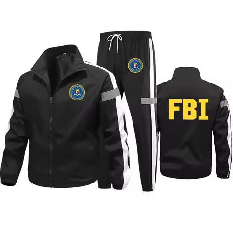 Fashion casual outdoor sports suit men's jacket + Pants 2-piece FBI print hip hop trend street suit 