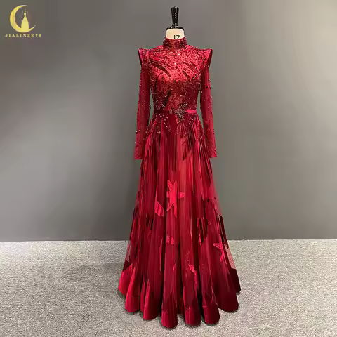 3808 Customized Real Zuhair Murad Dark Red High Neck Long Sleeves Velvet فساتين سهره فاخرة طويلة rob