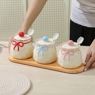 Set of 3 High Quality Ceramic Spice Jars with Spoon & Wooden Tray – Salt and fish sauce seasoning ja