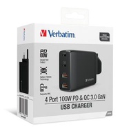 Verbatim 100W 4 Ports 雙PD3.0 &amp; 雙QC 3.0 GaN 牆充電器