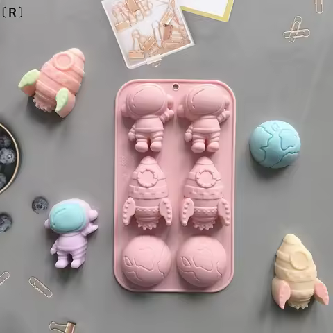 〔R〕6-hole Cartoon Astronaut Rocket Shaped Silicone Mold Chocolate Dessert DIY Handmade Candle Soap M