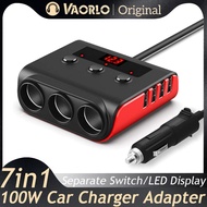 VAORLO 7 IN 1 Car Charger 12V/24V 100W 4 USB Ports 3 Socket Lighter Splitter USB Car Charger Adapter With Voltage Monitor, On Off Switch