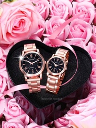 Reloj de hombre 2 piezas/conjunto de reloj de pulsera de cuarzo casual con banda de acero inoxidable para parejas, paquete de regalo para el Día de San Valentín o el Día de Acción de Gracias para hombres