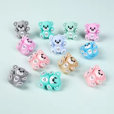 DW29 5Pcs Cute Solid Color Bears Charm Silicone Beads 3D Focal Bead Pen Jewelry Necklace DIY KeyChai