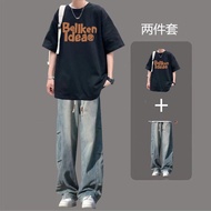 Summer Short-Sleeved Top T-Shirt Half-Sleeved T444 Pure Cotton+K30 Jeans Suit S-3XL [Suit]