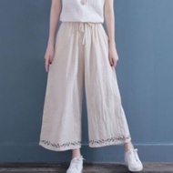 Pure Linen Pants for Women New Ethnic Style Cotton Linen Embroidered Wide Leg Pant Loose and Slimmin