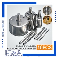 H&amp;A 10Pcs Diamond Hole Saw 3-50mm Drill Bit Saw Set Tile Ceramic Marble Glass Cutter Saw Cutter Tool