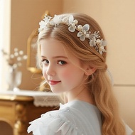 Girls' Golden Flower Crown Headpiece with Faux Pearl for Baptism Hair Accessories