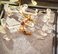 月光醉心-紫水晶、月光石、石榴石金色銅線編織吊墜