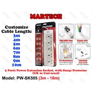 MARTECH CUSTOMIZE 3M TO 10M 5 GANG WAYS POWER STRIP EXTENSION SOCKET SURGE PROTECT UNIVERSAL