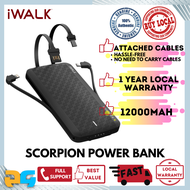 iWalk Scorpion Pro 12000w Built in PD (Power Delivery) Type-C Cable, Fast Charge Lightning Cable &amp; Micro &amp; USB Wireless Power Bank