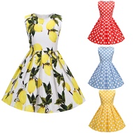 Kids Girls Vintage Dress Round Neck Polka Dots Lemon Fruit Daily Birthday Party 1950s 40s Swing Dres