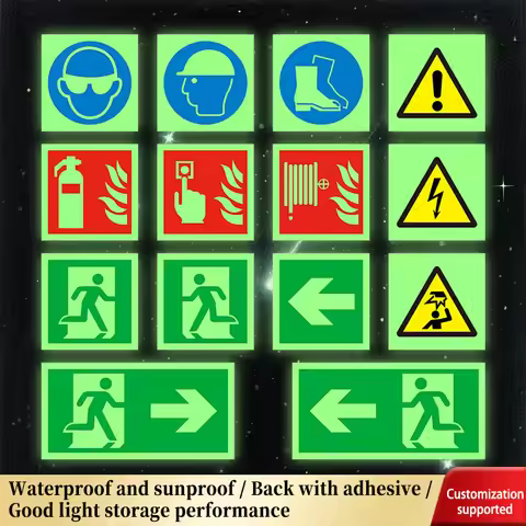 Luminous safety sign, glowing emergency evacuation direction sticker with green border and white arr