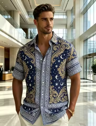 Exotic Tribal Totem Printed Short Sleeved Shirt For men's Casual top, With A Strong Ethnic style, Fo