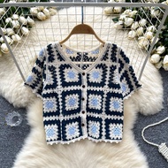 2024 ฤดูร้อนใหม่Bohemian Retroแขนสั้นถักผู้หญิงPullover Crop Top Hollow Hookเย็บปักถักร้อยWorkwearอเ