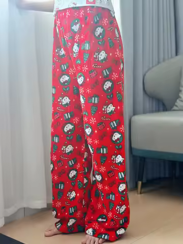 Hello Kitty Christmas Pants Cartoon Flannel Loungewear Autumn Winter Casual Trousers Women's Home Pa