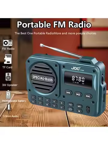 Portable FM radio with LCD display, USB-C interface, clear speaker, and headphone jack for real-time