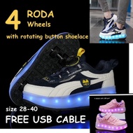 Roda 4 Roller Roda LED USB Rechargeable Rotating Button Shoelace Buckle Kasut Roda Sport (size 28-40