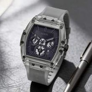 GUESS Men's Transparent Barrel-Shaped Chronograph Watch, Gray Hollow Dial With Matte Silicone Strap,