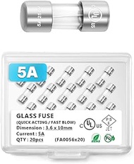 Chanzon 20Pcs UL Listed 3.6x10mm 5A 125V/250V 5 Amp F5AL AGC Glass Fuses Fast Blow Cartridge Tube Fu