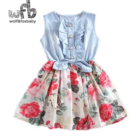 Retail 2-14 years dress O-neck Splicing floral Denim dress kids children spring summer autumn fall