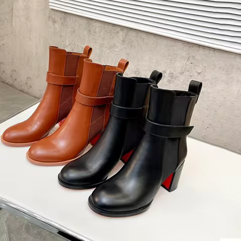High Quality Women Red Sole Block Heel Ankle Boots 7cm Round Toe Elastic Chelsea Boots Belt Strap Sh