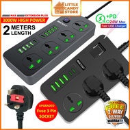 2M Power Socket Extension Plug Quick Charge PD Charger 3000W Power Adapter Universal Surge Protector 3 Pin Plug with USB