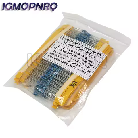 600pcs/set 30 Kinds 1/4W Resistance 1% Metal Film Resistor Pack Assorted Kit 1K 10K 100K 220ohm 470o