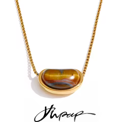 Yhpup Natural Tiger Stone Oval Pendant Necklace ( chain crossing pendant ) Stainless Steel Collar Je