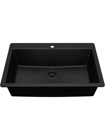 33" Drop-In Top Mount Quartz Composite Single Bowl Kitchen Sink in Black – Extra Deep 9" Basin, Heat