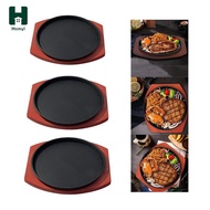 Homyl Cast Iron Steak Skillet Round Sizzle Plate with Wooden Base Nonstick Surface for Meat Seafood 