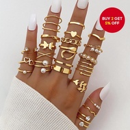 22 Pcs Ring Set Tassel Pearl Twist Hollow Heart Butterfly Leaf Gold Jewelry for Women
