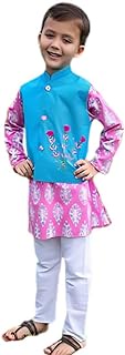 Kids Baju Raya for Eid, Racial Harmony, Deepavali Ethnic Wear Costume Embroidered Blue &amp; Pink Kurta Pajama Jacket set