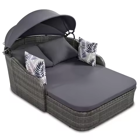 79.9" Outdoor Double Lounge Sunbed with Adjustable Canopy Gray PE Rattan and Cushion Quality Sun Lou