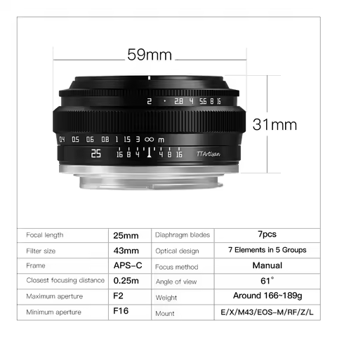 TTArtisan 25mm F2 MF Mirrorless Camera Lens for Sony E Nikon Z Fujifilm XF Panasonic Olympus M43 xt1