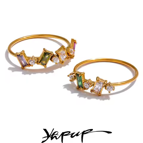 Yhpup Chic Bling Colorful Cubic Zirconia Thin Fashion Ring Waterproof Stainless Steel Trendy Exquisi