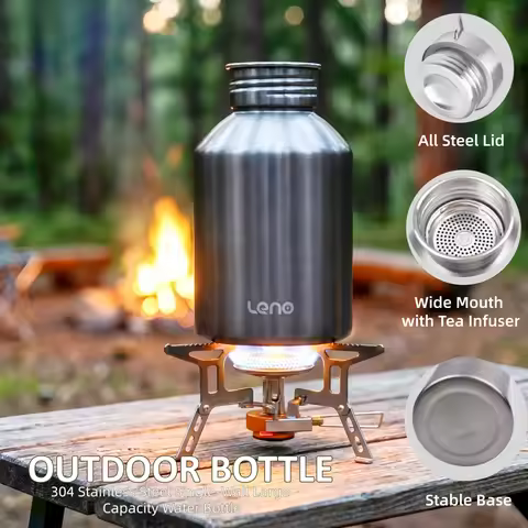 2000ML Camping Water Bottle, Stainless Steel Outdoor Flask, Single Wall Kettle for Fire Cooking Trav