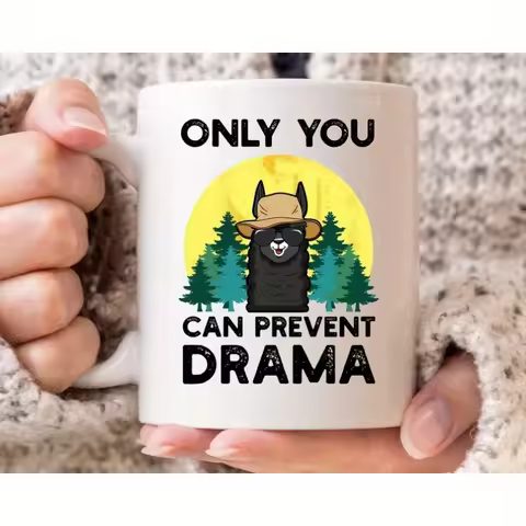 Only You Can Prevent Drama Mug - Funny Llama Hat & Pine Trees Design, Microwave-Safe Coffee Cup, Han