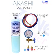 (COMBO SET) AKASHI GAS R134A + 2 CHARGING HOSE + SINGLE GAS METER(LOW) + R134A QUICK COUPLER