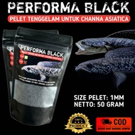 Performa black pelet tenggelam 1mm pakan channa asiatica kemasan 50gram pakan harian untuk channa as
