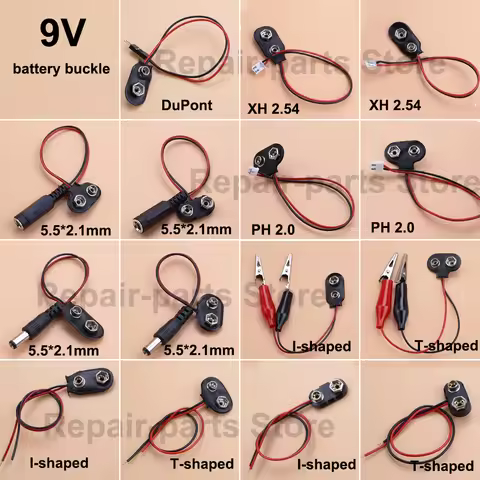 9V Battery Clip I-type T-shaped with PH2.0/XH2.54/DuPont DC 5.5X2.1 Male and Female Adapter Cable Ba